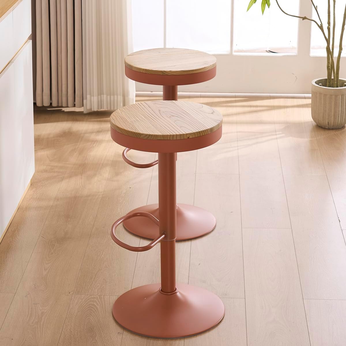YOUNIKE Barkruk, set van 2, hout, in hoogte verstelbaar, draaibaar, barkruk, keukenkruk, hoogte barstoelen met voetensteun, voor bar, keuken, draaikruk van massief metaal, terracotta