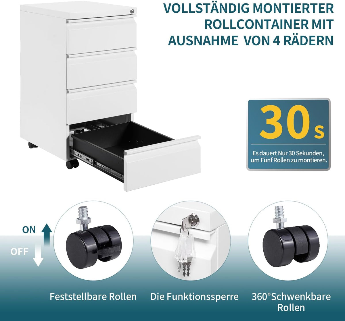 Rolcontainer, archiefkast, afsluitbaar met 4 sleutels, kantoorkast van metaal, archiefkast onder bureau, met 4 laden, voorgemonteerd, afsluitbaar, kantoor, wit