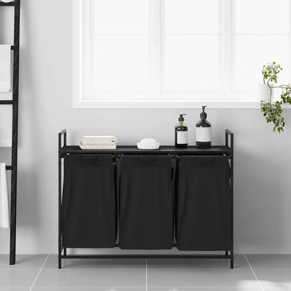 Wasmand – Laundry Basket – Wasbak – Wasbox – Laundry Hamper – 3 Compartiments – Zwart Eikenhout – Stalen Frame – Met Opbergrek