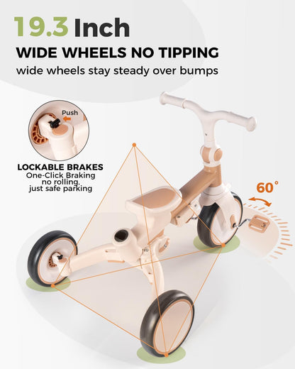 aiwo 7in1 Opvouwbare driewieler voor peuters 1-3, multifunctionele peuter push bike wandelwagen, lichtbruin