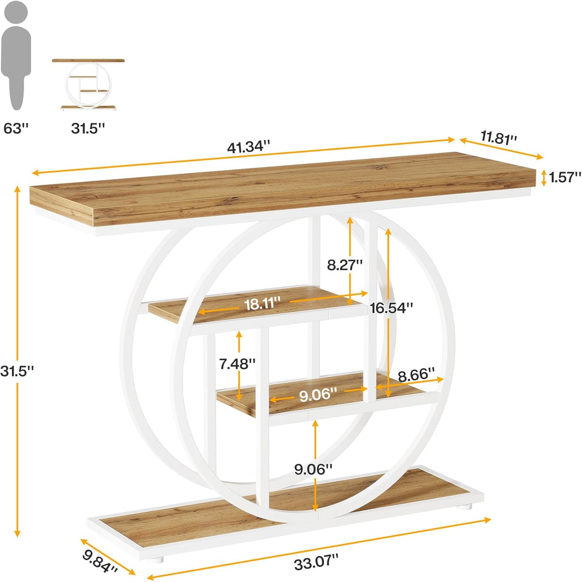 Tribesigns Console Table 105cm with 4 Levels, Narrow Industrial Sofa Table with Round Metal Frame, Wooden Entrance Table with Storage Racks for Living Room (Brown-White)