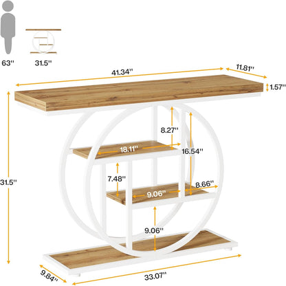 Tribesigns Console Table 105cm with 4 Levels, Narrow Industrial Sofa Table with Round Metal Frame, Wooden Entrance Table with Storage Racks for Living Room (Brown-White)