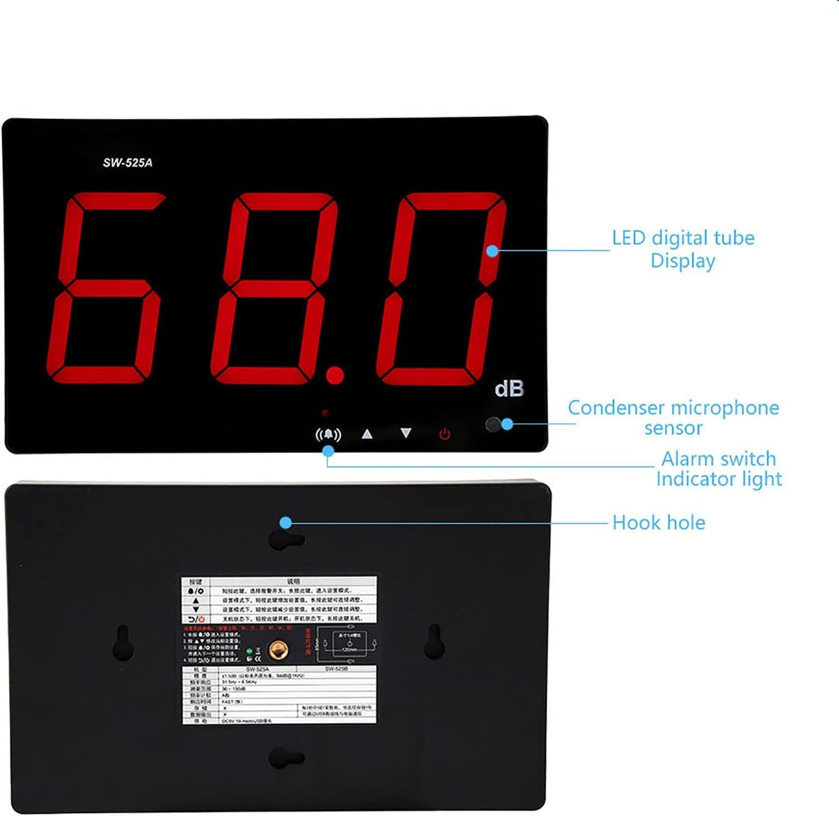 Geluidsniveaumeter, SW-525A wandmontage LCD-scherm digitale geluidsniveaumeter USB 30-130dB