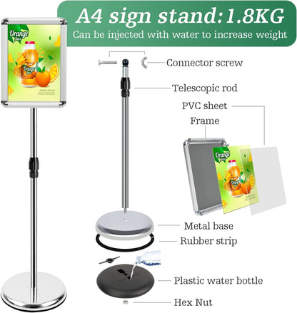 A4 Bordhouder – Bordstandaard – Posterstandaard – Displaystandaard – Menukaarthouder – Set van 6, Zilver – In Hoogte Verstelbaar 81 tot 132 cm – 360° Draaibaar