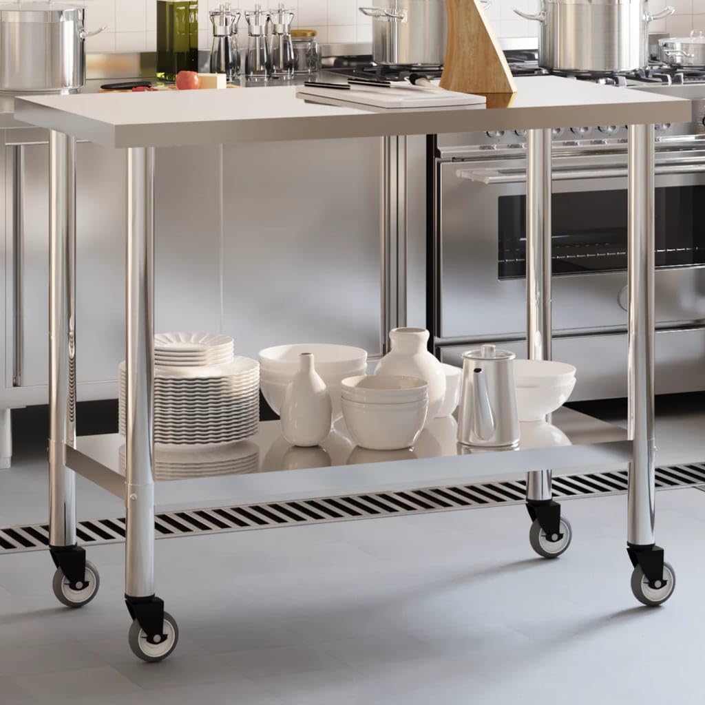 Keukenwerktafel met wielen – Werktafel – Bereidingstafel – Voedselbereidingsbank – Cateringwerkblad – Roestvrij Staal – 110 x 55 x 85 cm