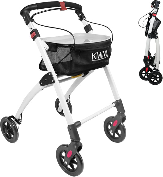 KMINA KMINA Pro Rollator, 4-wielig, opvouwbaar, licht, voor volwassenen, binnen en buiten, hoge mand, smal in hoogte, zwart