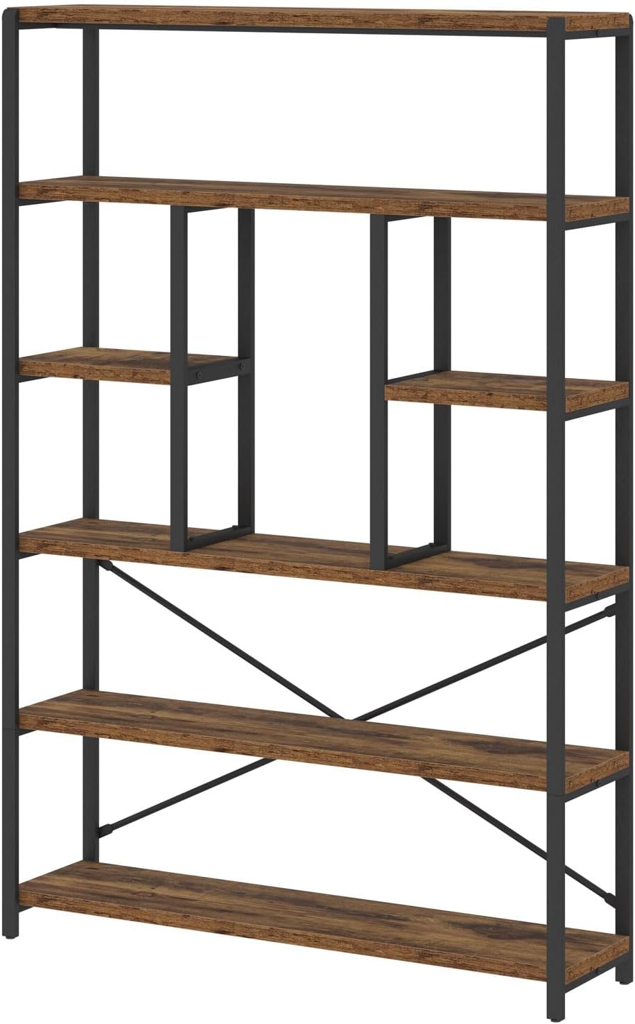 LVB Rustieke boekenkasten en boekenplanken, metalen hout 6-laags boekenplank en boekenrek opslag, industriële verticale weergave Etagere boekenkast 6 planken, vintage grote boekenplank voor slaapkamer