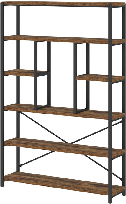 LVB Rustieke boekenkasten en boekenplanken, metalen hout 6-laags boekenplank en boekenrek opslag, industriële verticale weergave Etagere boekenkast 6 planken, vintage grote boekenplank voor slaapkamer