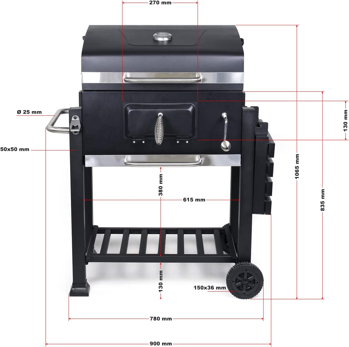 Wiltec barbecue trolley met deksel, houtskool BBQ met legplank en brandklep, grillwagen op wielen met hoogteverstelling inclusief thermometer