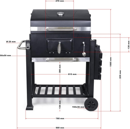 Wiltec barbecue trolley met deksel, houtskool BBQ met legplank en brandklep, grillwagen op wielen met hoogteverstelling inclusief thermometer