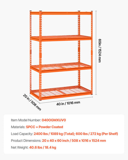 Opslagplanken – Opbergrek, Garagerek, Stellingkast, Metalen Rek – Oranje, Verstelbare Planken, 1088 Kg Draagvermogen