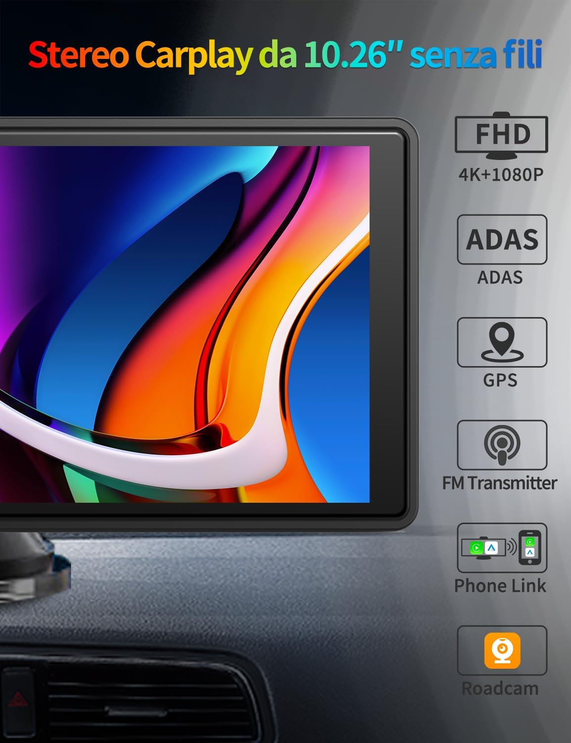 10,26 inch Carplay Display met 4K dashcam auto voor, 1080p achteruitrijcamera, draadloze Carplay Android Auto, Mirror Link, navigatie, Google, Siri, FM, AUX, Loop Recording, 64G SD-kaart