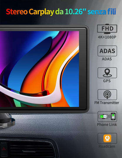 10,26 inch Carplay Display met 4K dashcam auto voor, 1080p achteruitrijcamera, draadloze Carplay Android Auto, Mirror Link, navigatie, Google, Siri, FM, AUX, Loop Recording, 64G SD-kaart