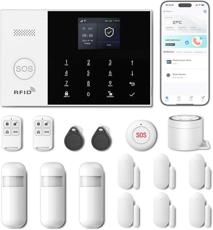 PGST Home Security System, 16 Stuk WiFi GSM 2G Home Security Alarmsysteem met Afstandsbediening Deurraam Alarm Sensor IR Bewegingsmelder Compatibel met Alexa