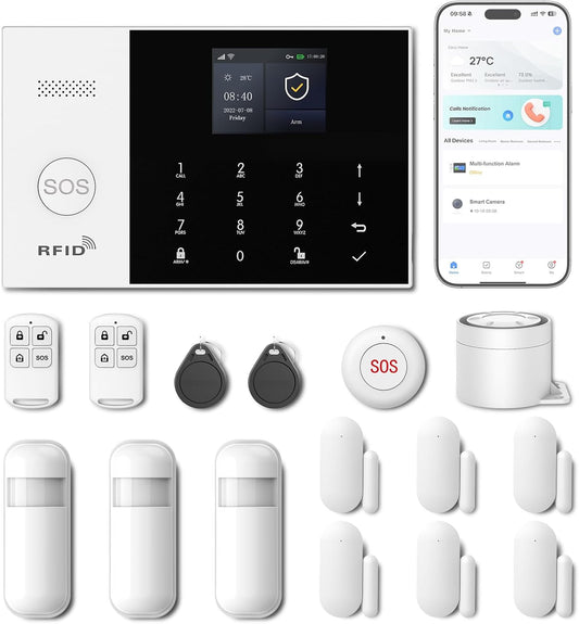 PGST Home Security System, 16 Stuk WiFi GSM 2G Home Security Alarmsysteem met Afstandsbediening Deurraam Alarm Sensor IR Bewegingsmelder Compatibel met Alexa
