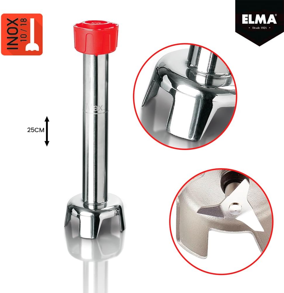 ELMA Professionele staafmixer, 25 cm roestvrijstalen hakmolen, krachtige motor met 450 W, variabele snelheid, ideaal voor horeca en industriële keukens, rood