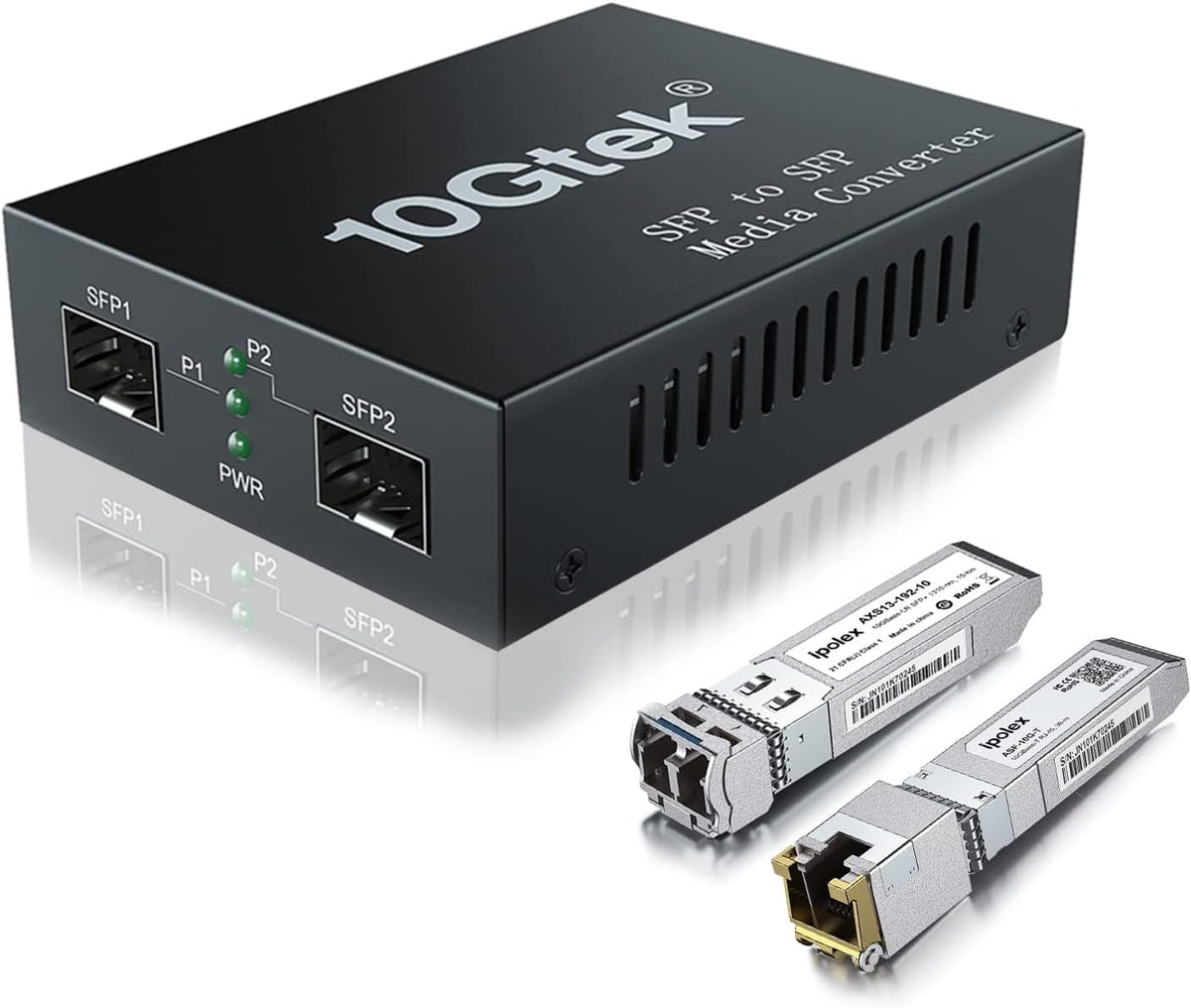 ipolex 10G Ethernet media converter, 10G Dual SFP+ poort, glasvezel media converter verpakt met een 10GBase-T transceiver (30m@CAT.6aCAT.7) en een 10GBase-LR module (1310-nm, 10km@OS1OS2SMF)