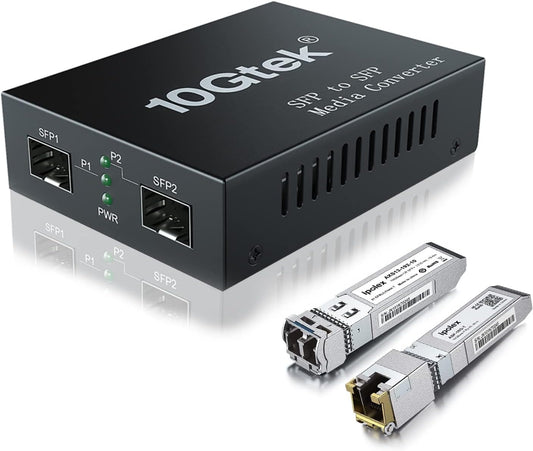 ipolex 10G Ethernet media converter, 10G Dual SFP+ poort, glasvezel media converter verpakt met een 10GBase-T transceiver (30m@CAT.6aCAT.7) en een 10GBase-LR module (1310-nm, 10km@OS1OS2SMF)