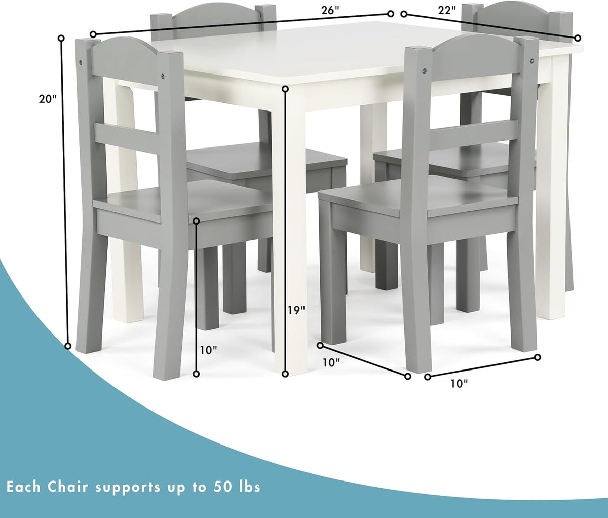 Humble Crew Kindertafel en -stoelen, ontworpen hout, wit/grijs, 66,04 x 55,88 x 48,26 cm