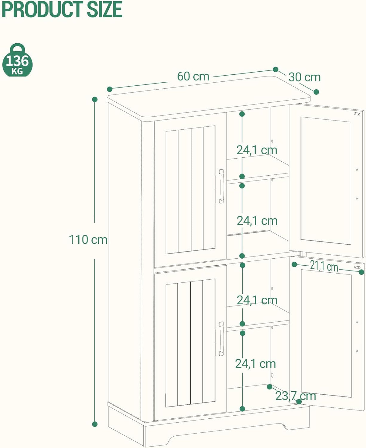 Hzuaneri Bathroom Cabinet, Bathroom Cabinet with 4 Doors, Storage Cabinet, Adjustable Shelves for Living Room, Bathroom, Kitchen, 30 x 60 x 110 cm, White SC18413X