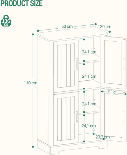 Hzuaneri Bathroom Cabinet, Bathroom Cabinet with 4 Doors, Storage Cabinet, Adjustable Shelves for Living Room, Bathroom, Kitchen, 30 x 60 x 110 cm, White SC18413X