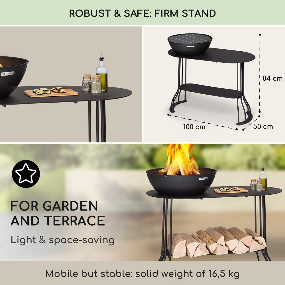 blumfeldt Vuurschaal voor de tuin, met grillrooster en afdekking, stalen vuurschaal, klein, weerbestendige vuurplaats, grill, kleine grillring, 1 m hoog, zwart