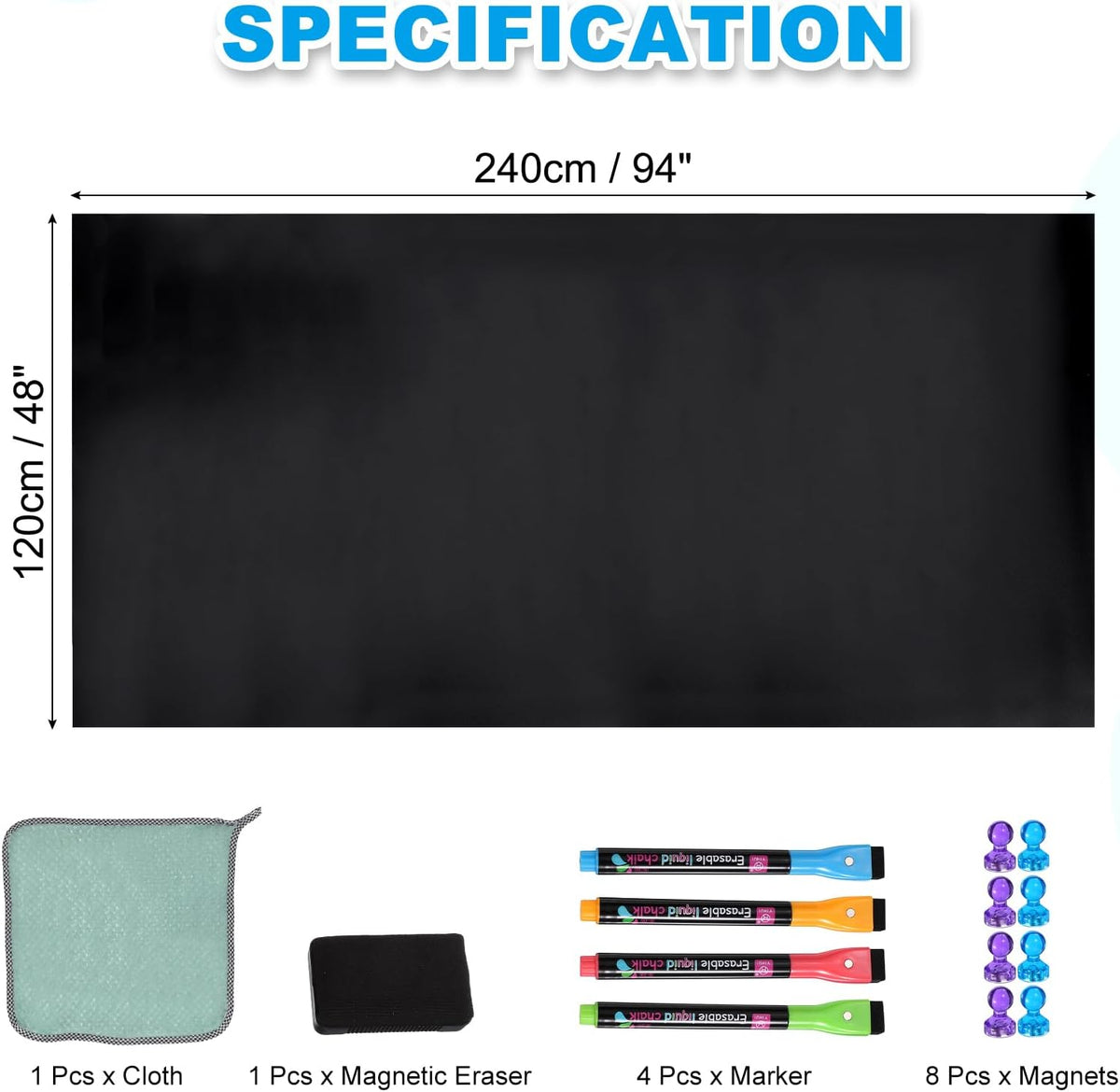 PATIKIL Magnetisch droog wissen whiteboard papier, 122 x 238 cm zelfklevende zwarte bordstickers voor muur schoolbord contactpapier vel met marker, magnetische gum en magneten, zwart