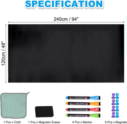 PATIKIL Magnetisch droog wissen whiteboard papier, 122 x 238 cm zelfklevende zwarte bordstickers voor muur schoolbord contactpapier vel met marker, magnetische gum en magneten, zwart