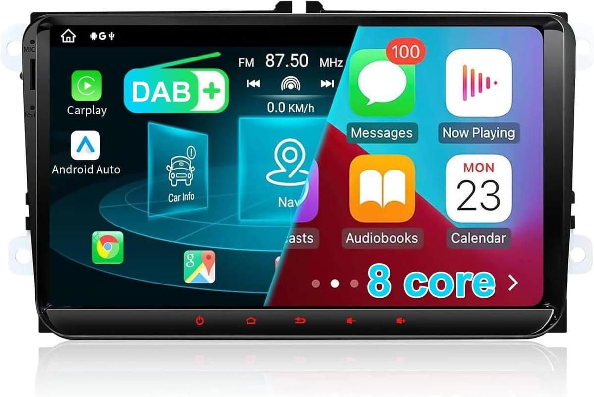9’’ DAB Autoradio Android 14 für Golf 5/6, VW T5, Polo 6R, 4GB+64GB Wireless CarPlay, Android Auto, Built-in DAB, 2 Din, 8 Core, 4G, Navi, BT5.0, WiFi, USB, FM,TPMS,OBD2, Voice Control