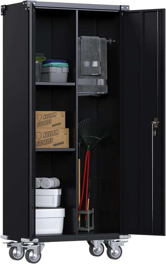 Metal Broom Cabinet, Cleaning Agent Cabinet, Multifunctional Cabinet, Metal Storage Cabinet with Wheels, Broom Cabinet with Hanging Bar, 180 x 80 x 40 cm (Black)