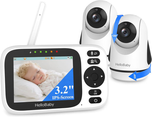 HelloBaby Babymonitor met 2 camera's, 8,1 cm (3,2 inch) IPS-display, geen wifi, op afstand bestuurde panorama-zoom, infrarood nachtzicht, 1000 meter draadloze verbinding