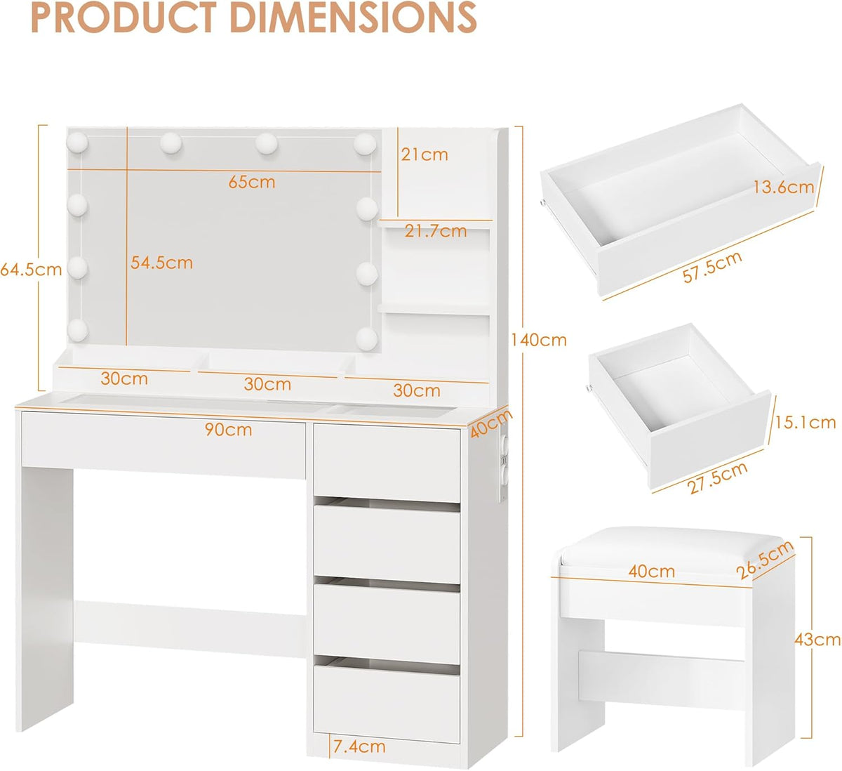 ANWBROAD Makeup Table with LED Lighting and Stool, Dressing Table with Sockets and Large Mirror, Dressing Table with 5 Drawers, Open Shelves, Modern, White BDT74W - QUORE