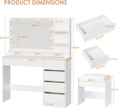 ANWBROAD Makeup Table with LED Lighting and Stool, Dressing Table with Sockets and Large Mirror, Dressing Table with 5 Drawers, Open Shelves, Modern, White BDT74W - QUORE