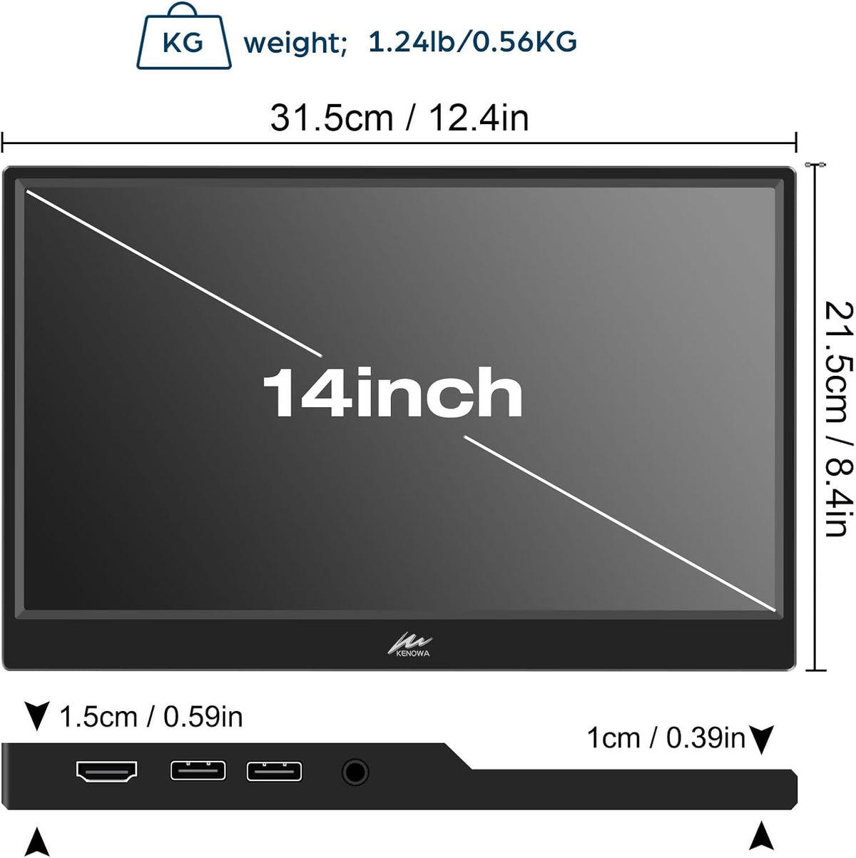 TouchScreen Portable Monitor, Kenowa 14 Inch Portable Monitor, IPS Screen, PC 16:10 FHD, 1920 x 1200p, External Display with USB-C, HDMI for Laptop/Computer/Mac/Raspberry Pi/Xbox/PS3/PS4/Switch - QUORE