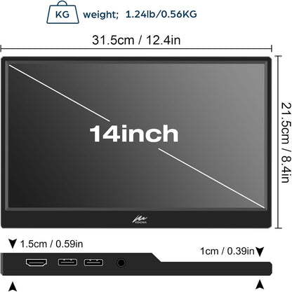 TouchScreen Portable Monitor, Kenowa 14 Inch Portable Monitor, IPS Screen, PC 16:10 FHD, 1920 x 1200p, External Display with USB-C, HDMI for Laptop/Computer/Mac/Raspberry Pi/Xbox/PS3/PS4/Switch - QUORE