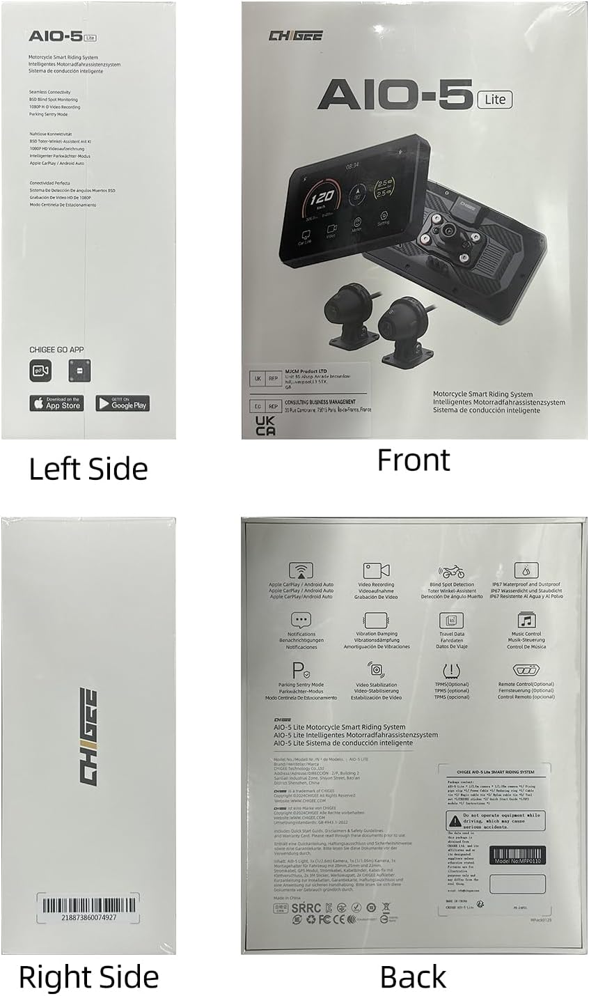 CHIGEE AIO-5 Lite Auto GPS navigatiesysteem motorfiets Carplay BSD Starvis HDR 5 inch LCD 60 fps 5G Wi-Fi BT IP67 waterdicht 24H parkeermodus app