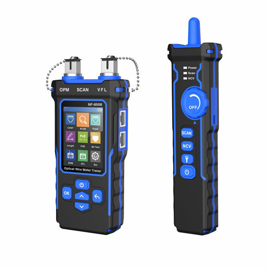 Netwerktester LAN tester met optische vermogensmeter CAT5 CAT6 netwerkkabeltester RJ11 RJ45 ethernet tester kabeltracking met NCV, poort flash, type C laadondersteuning.