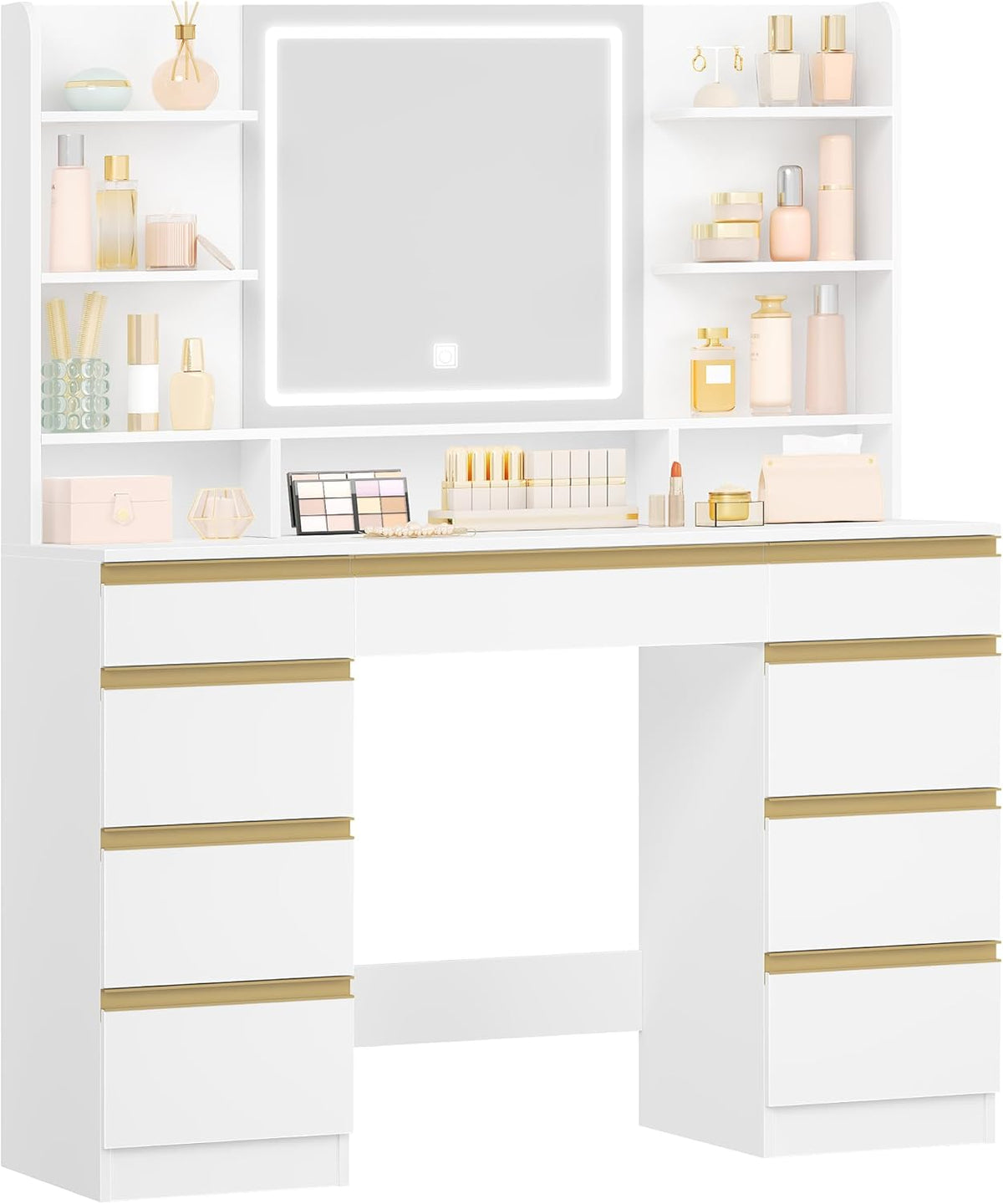 Hzuaneri Large Dressing Table with LED Lights, 3 Colors, Adjustable Brightness, Dressing Table with Mirror, 9 Drawers, 9 Open Shelves, Modern Style, White-Gold DT41903X