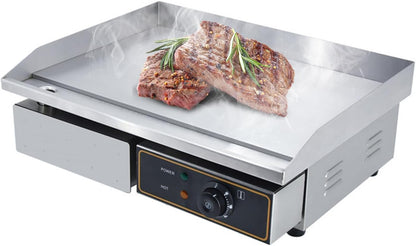Elektrische grillplaat van gietijzer, 220-240 V, 3000 W, 55 cm × 35,5 cm, thermostaatbediening van 50 tot 300 °C, 18,5 kg spatbescherming, roestvrij staal