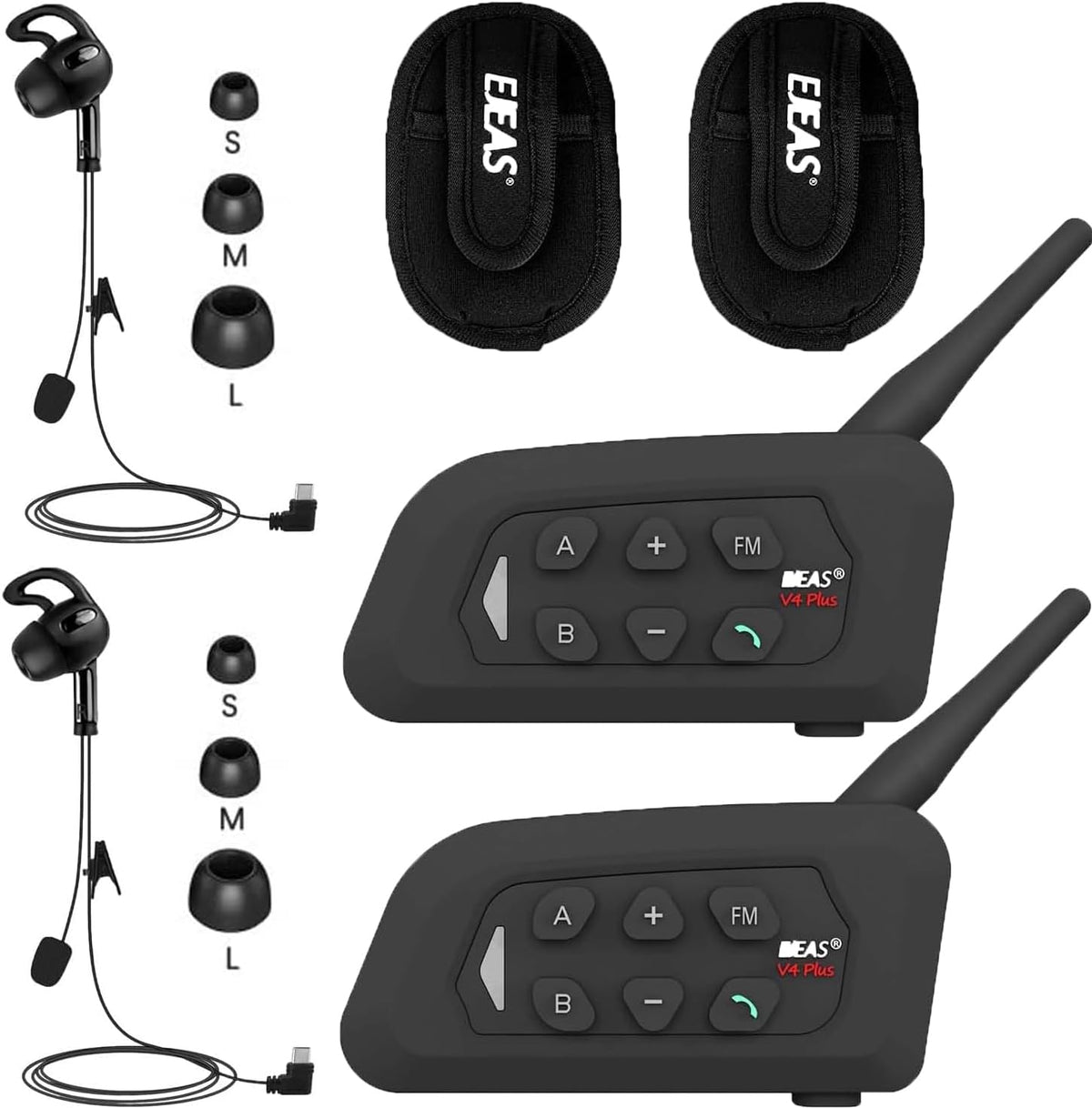 SolaMr V4C Plus Scheidsrechtersintercomhelmhoorn, Bluetooth 5.1 Sprekers Voor Het Rechteroor, Interfoniekencommunicatiesysteem met CVC Geruisreductie, FM Radio en 4 Weg Intercom tot 1500 Meter - 2 Pak