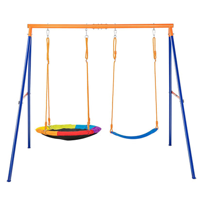 VEVOR JX-SW02 Achtertuin, 420 lbs draagvermogen, set met 1 schotel, 1 gordelstoel, robuuste A-frame metalen schommelstandaard en verstelbaar touw, schommelset voor buiten, blauw