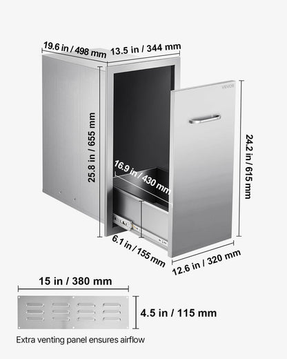 VEVOR Buitenkeuken prullenbak, 30 cm B x 49,8 cm D x 60 cm H Interieur Opslag, Multifunctionele Outdoor Keuken Laden Roestvrij Staal, 55 lbs Max Capaciteit per Niveau, voor Outdoor BBQ Eiland Keuken