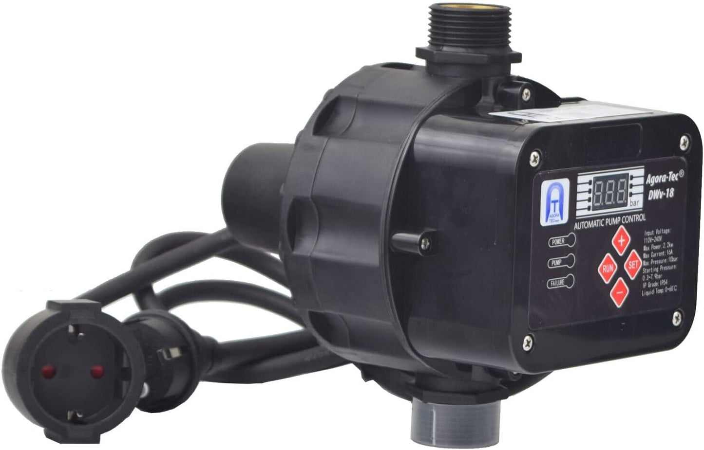 Agora-Tec® Pompbesturing, drukschakelaar, doorstroombewaker, bekabeld (in- en uitschakeldruk instelbaar) met droogloopbeveiliging, overdrukbewaking, lekweergave