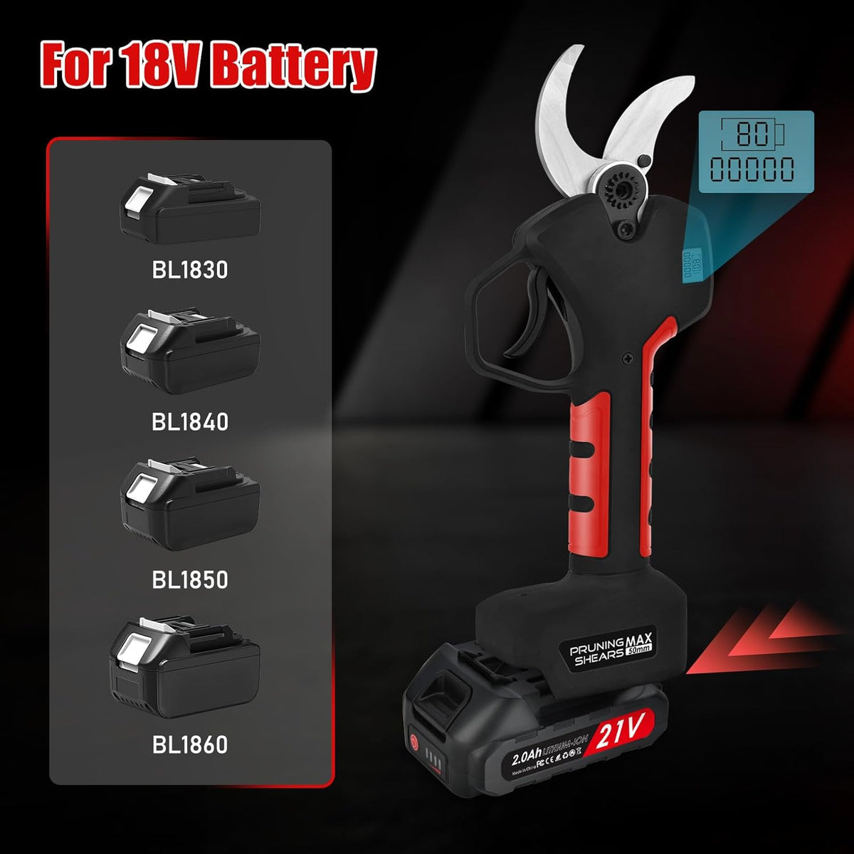 NUZEKY Elektrische Takkenschaar: Bypass, Zwart, 5 cm, 2.3 kg, 2 Ah Lithium, 40 mm Takken, Draadloos, 2 m Verlengstang