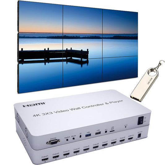 3x3 Videomuurcontroller met Media Player | 1080p, HDMI 1.4, compatibel met HDCP1.4 | 1 HDMI-ingang en 9 uitgangen | 1x2, 1x3, 1x4, 2x1, 2x2, 2x3, 2x4, 3x1, 3x2, 3x3, 4x1, 4x2