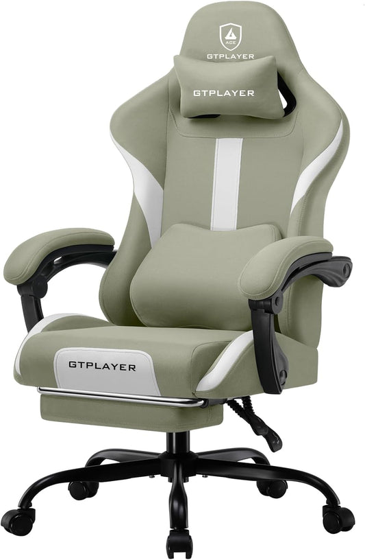 GTPLAYER Gaming stoel, bureaustoel, ergonomische gamingstoel met hoofdsteun en cloud-lendenkussen, gevoerde gamingstoel met voetensteun, draaistoel, 150 kg capaciteit, groen