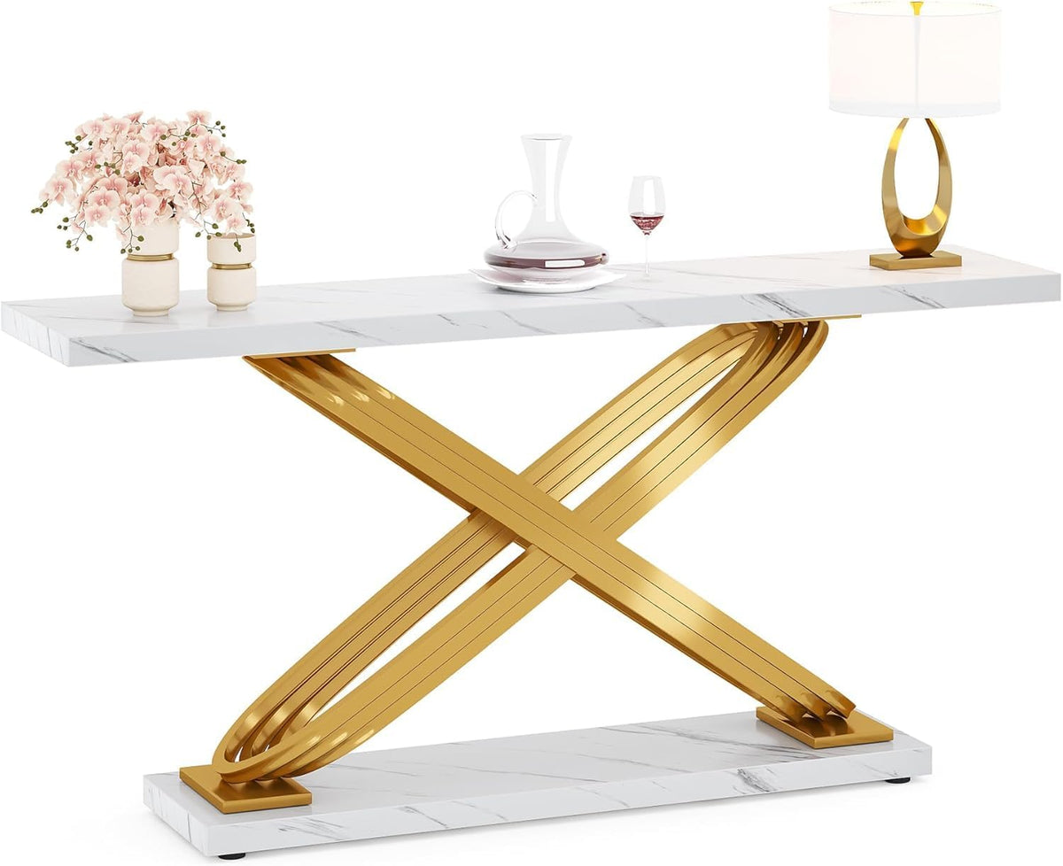 Tribesigns 140cm Modern Console Table, Faux Marble Gold Entrance Table Rear Sofa, Narrow Rectangular Sofa Table for Living Room, Bedroom, Front Hallway, Hallway, Gold and White
