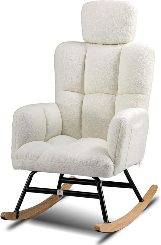 Schommelstoel – Relaxstoel – Oorfauteuil – Ligstoel – Zonneligstoel – Zachte Teddypluche – Ergonomische Hoofdsteun – Max. 150 kg Belastbaar – Zonder Voetensteun