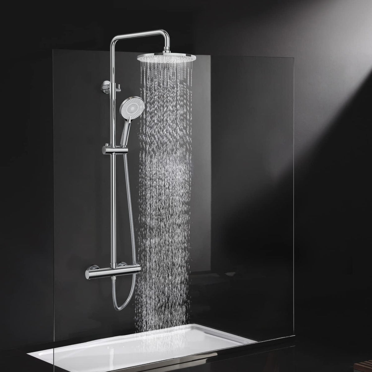 Rainsworth Douchesysteem met thermostaat, chroom, complete set met 25 cm ronde regendouche, douchekop, 3 straalsoorten, douchekop, 92-126 cm in hoogte verstelbaar, regendouche met kraan, doucheset