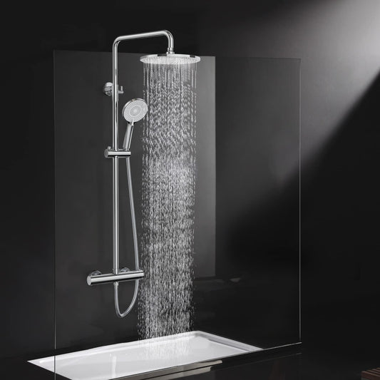 Rainsworth Douchesysteem met thermostaat, chroom, complete set met 25 cm ronde regendouche, douchekop, 3 straalsoorten, douchekop, 92-126 cm in hoogte verstelbaar, regendouche met kraan, doucheset